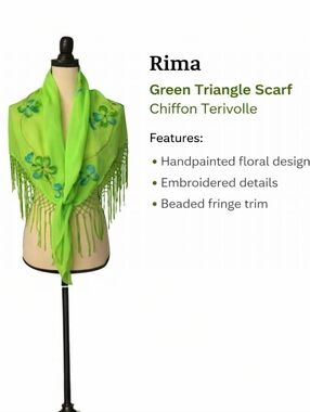 Rima Handpainted Green Floral Triangle Scarf Chiffon Terivoile Fringe